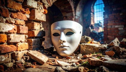 Eerie face mask amidst crumbling bricks and decay, a symbol of mystery and decay