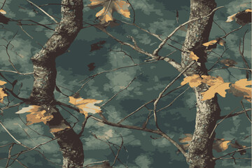 A camouflage pattern with branches and leaves, featuring the colors of green and brown.Real tree forest camouflage seamless pattern design pattern for hunting and military uniform. Hunting camouflage.