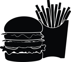 Black and White Silhouette Icon of Fast Food Combo Featuring Cheeseburger with Lettuce and Tomato Paired with French Fries in a Take-Out Box