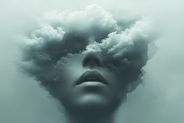 Face and Clouds. Head in the Clouds. Surreal Portrait. Cloud Face.