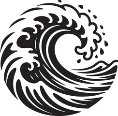 Bold Black and White Ocean Wave Design Stylized Circular Sea Wave Vector Illustration with Splashing Water Elements and Flowing Lines