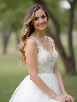 Beautiful bride prepares for a romantic outdoor wedding ceremony