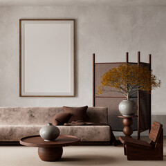 Elegant and serene minimalist living room design. 3D illustration