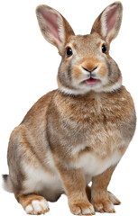 Cute rabbit with big ears and soft brown-white fur, isolated on a transparent background. Detailed texture and calm expression with natural tones and realistic features.