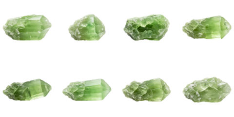 Green Apatite Crystal Clusters: Eight lustrous green apatite crystal clusters, showcasing their unique formations and vibrant color, arranged in a visually appealing grid against a clean background.
