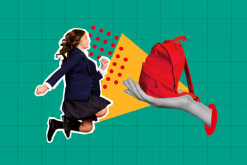 Trend artwork composite banner 3D photo collage of hand hold bagckpack young girl jump wear uniform...