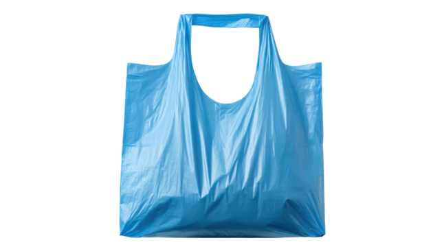 Blue plastic bag isolated on transparent background with empty space for text