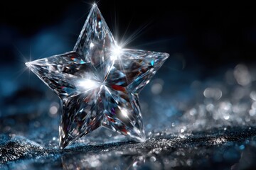 Sparkling crystal star on a glittering surface with dramatic lighting at nighttime