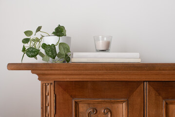 Detalle de mueble clásico de madera con planta, una vela y libros: decoración / diseño de interiores.