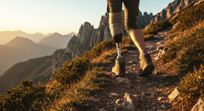 Individual walking on mountain trail with prosthetic leg at sunset - Powered by Adobe
