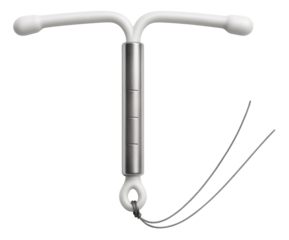 A modern, metal and plastic intrauterine device with two extended arms and strings, used for long-term contraception, on transparent background.