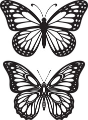 Black and White Butterfly Illustrations Elegant Vector Art of Two Intricately Designed Butterflies with Detailed Wings and Symmetrical Patterns