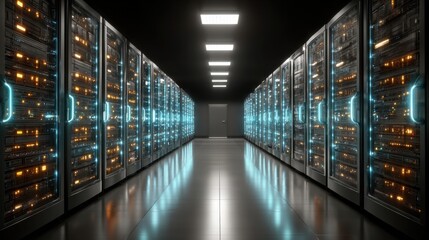 Fototapeta premium A long row of server racks glows in a dark data center of the future.