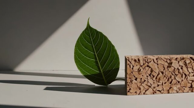 Cork eco-brick next to vibrant green leaf on bright minimalist background, symbolizing sustainable materials, zero-waste design and eco-friendly architecture concept
