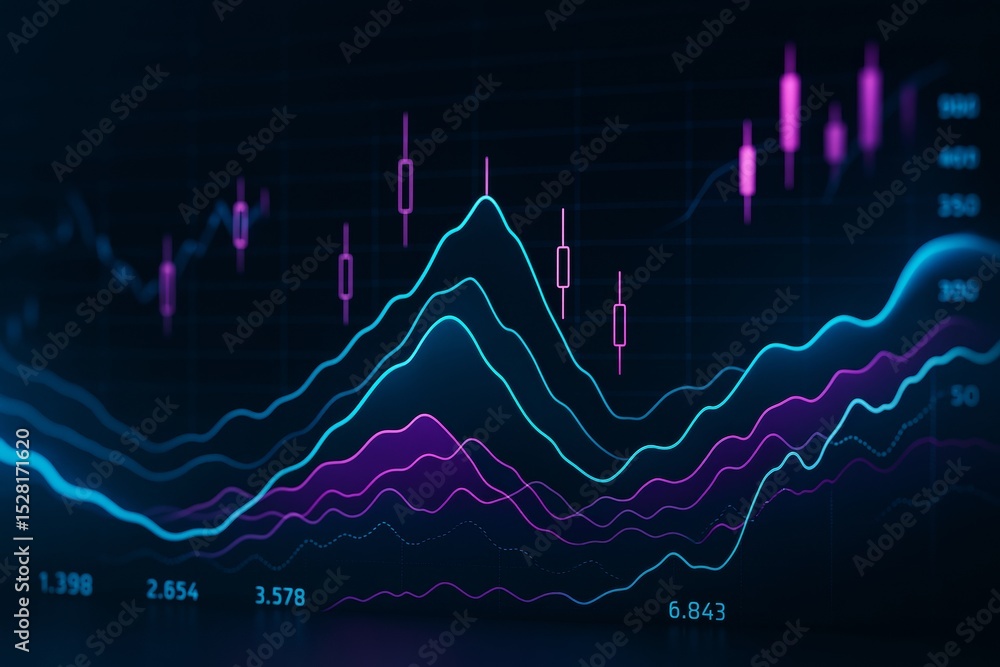 Poster abstract graphic of glowing financial data lines and candlestick charts on dark background, illustra