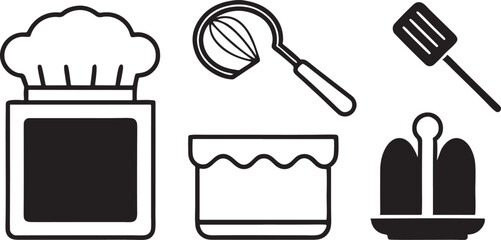 A vector set of restaurant icons illustrating menu design, chef hats, cutlery, and kitchen symbols for food and drink illustrations including coffee cups, burgers, and cooking pots