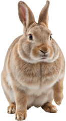 Cute rabbit with big ears and soft brown-white fur, isolated on a transparent background. Detailed texture and calm expression with natural tones and realistic features.