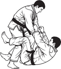 Black and White Illustration of Brazilian Jiu-Jitsu Grappling Two Martial Artists in Gi Practicing Ground Fighting Technique with Detail Line Art
