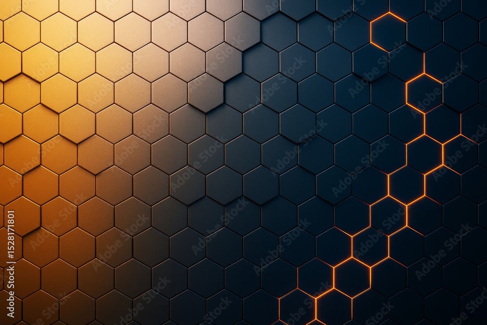Aufkleber abstract hexagonal pattern with glowing orange light and dark blue gradient background, showcasing a