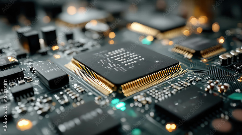 Poster close-up macro shot of a modern microchip on a circuit board, showcasing intricate electronic detail