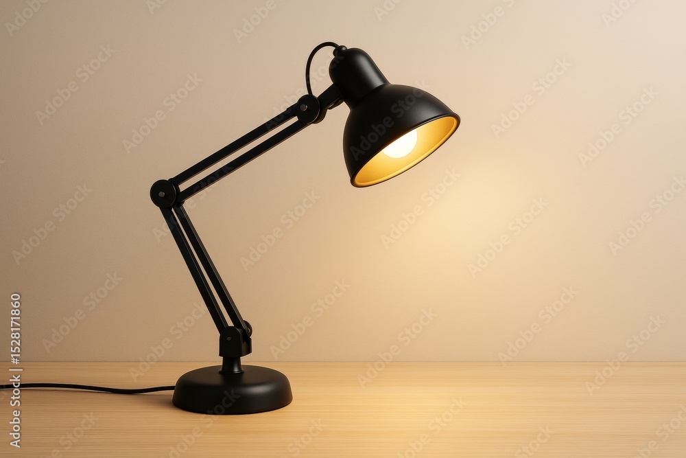 Poster minimalist black desk lamp with warm light on wooden surface and soft beige background, lighting con