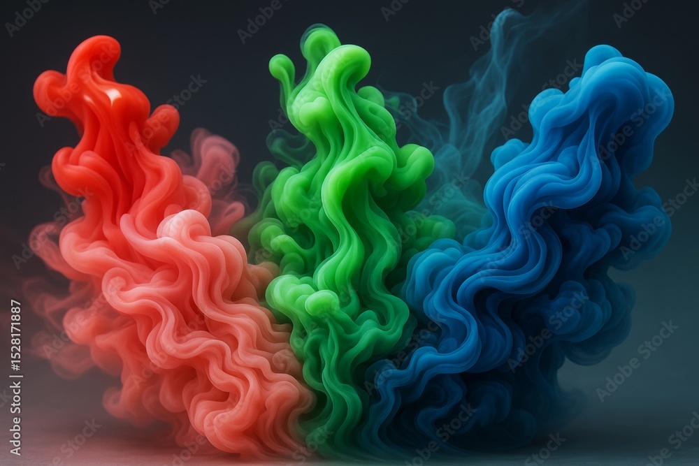 Poster abstract colorful swirling ink clouds in red, green, and blue floating against a dark background in 