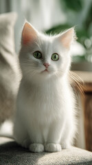 Fototapeta premium Adorable white kitten with vivid green eyes seated gracefully in a comfortable setting