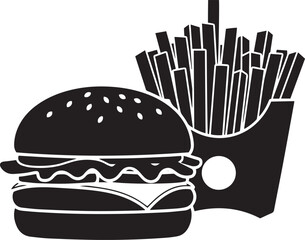 Black and White Silhouette Icon of Fast Food Combo Featuring Cheeseburger with Lettuce and Tomato Paired with French Fries in a Take-Out Box