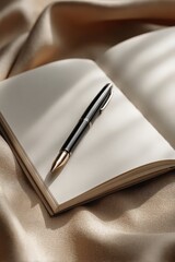 Elegant Gold Pen on Beige Notebook and Silk Fabric