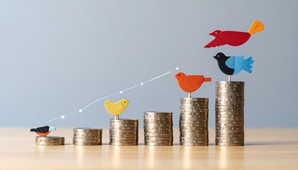 Financial growth concept symbolized by colorful birds on increasing coin stacks