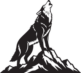 Black and White Howling Wolf Illustration on Mountain Bold Silhouette Vector Art of Lone Wolf Howling at the Sky with Detailed Line Work