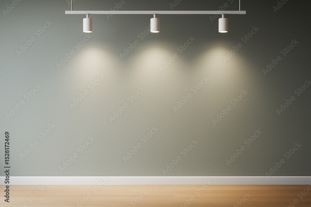 Aufkleber empty interior wall with spotlights casting light on smooth surface in minimal room with wooden floo