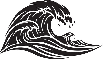 Bold Black and White Ocean Wave Design Stylized Circular Sea Wave Vector Illustration with Splashing Water Elements and Flowing Lines