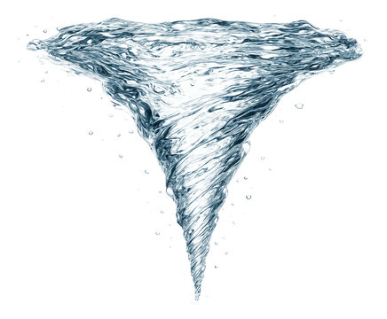 Dynamic water vortex swirling into a funnel shape with splashing droplets on transparent background.