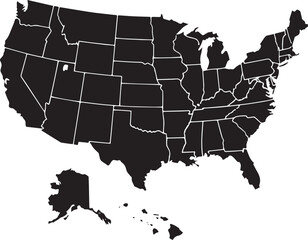 Black and White Silhouette Map of the United States Vector Illustration of USA with State Borders Displayed, Including Alaska and Hawaii