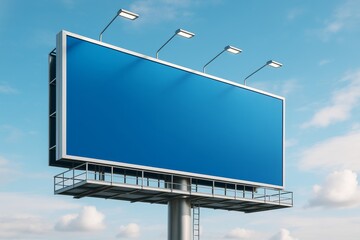 Large empty blue billboard with metal frame and lights against bright sky background, ideal for advertising or branding concept mockup template.