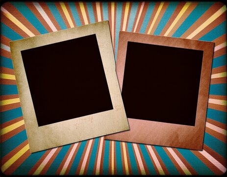 two retro photo frame on grunge horizontal background with old paper textures creative backdrop with striped burst pattern in various hues and photo copy space for text nostalgic scrapbooking style