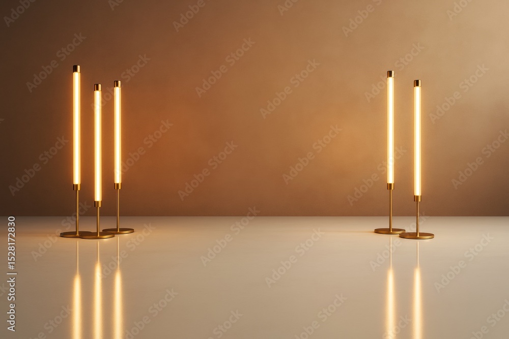 Poster minimalist background with glowing vertical tube lights on glossy surface for copyspace, branding or