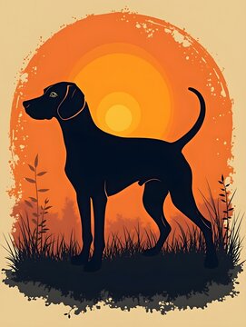 Set of Sunset Retro Design with Redbone Coonhound Dog Silhouette