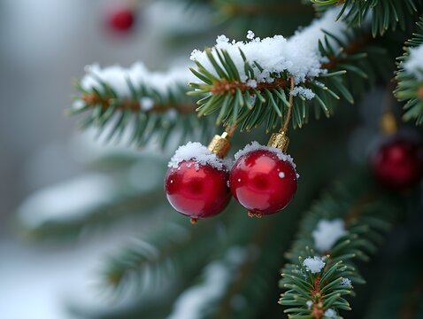 Snowberries with green twigs of Christmas tree, red