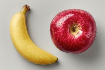 Sparkling Red Apple and Glittery Yellow Banana on Gray Background