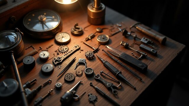 Vintage watchmaking tools flat lay on aged wood, lit by warm lamp light. Nostalgic & detailed scene evoking precision and craftsmanship.\n, ultra detailed, 8k resolution, HDR, professional