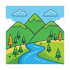 Obraz premium Rolling forest hills with river in flat vector design