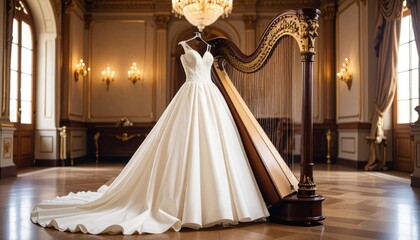 Elegance unfolded a pristine wedding dress paired with a golden harp in a stately ballroom