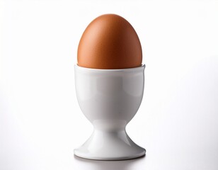 brown egg in white eggcup breakfast nutrition food still life isolated on white background
