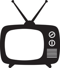 Black and White Retro Television Icon Vintage TV Set with Antennas, Knobs, and Screen in Classic Silhouette Vector Style