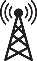 Communication tower vector icon. Black silhouette of a radio antenna broadcasting a signal. Symbol of network, wireless technology, and telecommunication, isolated on a white background