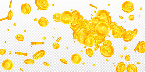 British pound coins falling. Scattered gold GBP