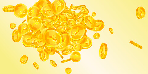 Indian rupee coins falling. Scattered gold INR