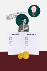 Banner vertical art collage of happy businessman businesswoman stand paper documentation light bulb...